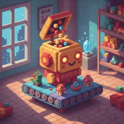 Pixel art of a friendly robot machine assembling tiny pixel toys in a cozy nighttime workshop