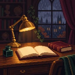 Editorial pixel illustration of a lamplit writing desk with books beside a rainy window