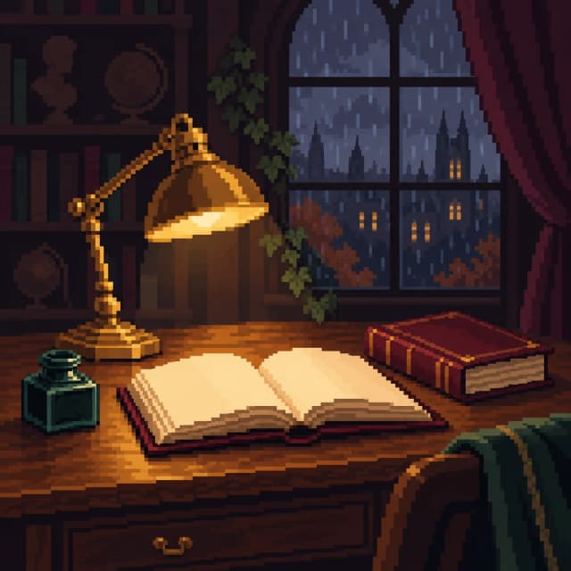 Editorial pixel illustration of a lamplit writing desk with books beside a rainy window