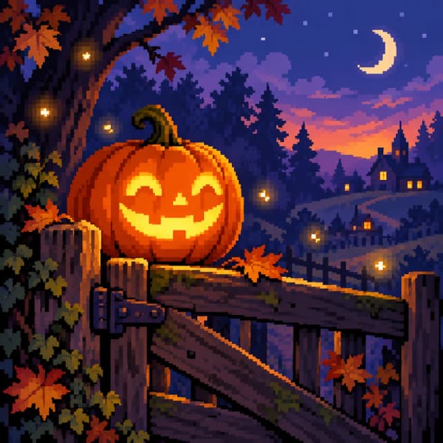 Pixel art of a friendly glowing jack-o’-lantern on a wooden garden gate under a crescent moon.