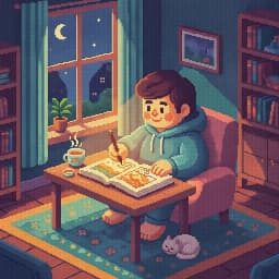 Pixel art of a person coloring a book by a window at night, with warm tea and a sleeping cat nearby