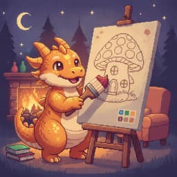 Pixel art of a cheerful dragon painting a color-by-number mushroom house on an easel by a fireplace