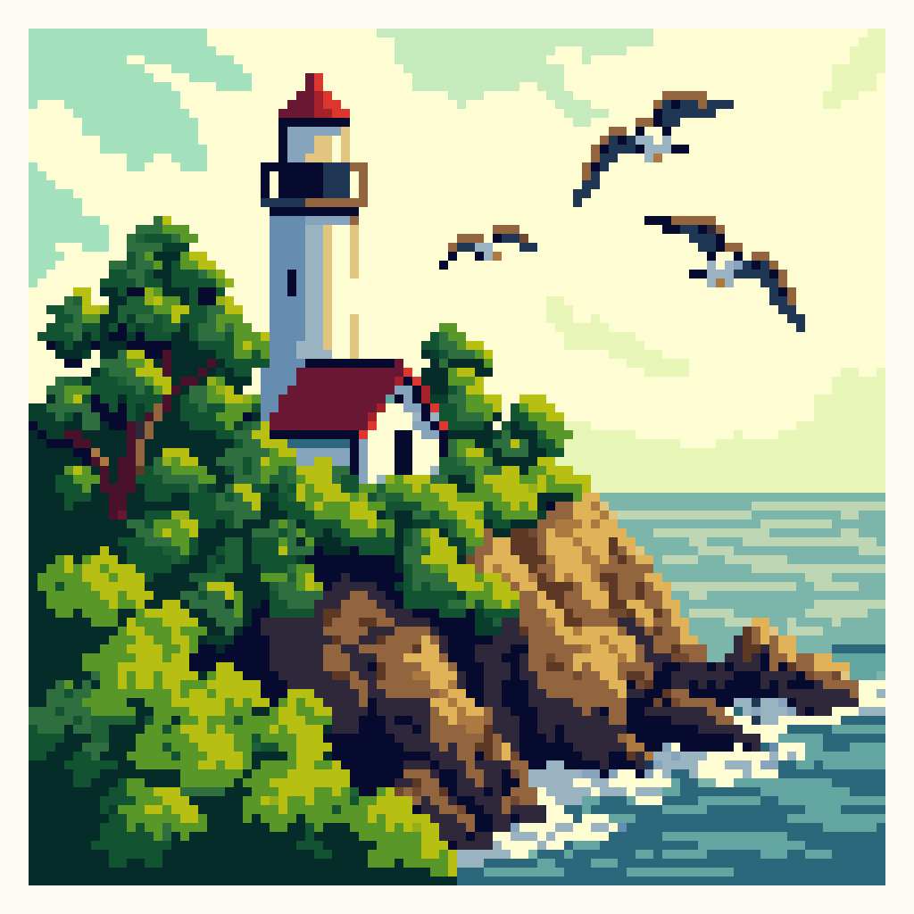 Completed 96×96 Pixfun pixel artwork of a lighthouse on a wooded coast, with birds and sea waves