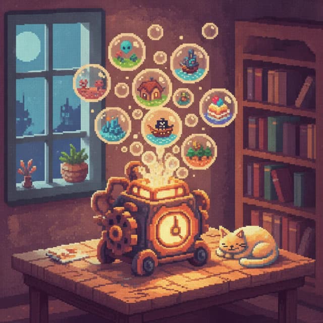 Pixel art of a glowing idea machine blowing bubbles filled with tiny scenes — a pirate ship, castle, cake, and cottage