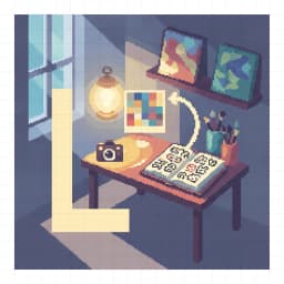 Pixel art of a camera projecting a cat photo that becomes a colorful pixel portrait on a studio wall