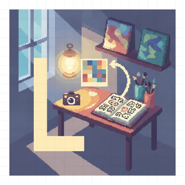Pixel art of a camera projecting a cat photo that becomes a colorful pixel portrait on a studio wall