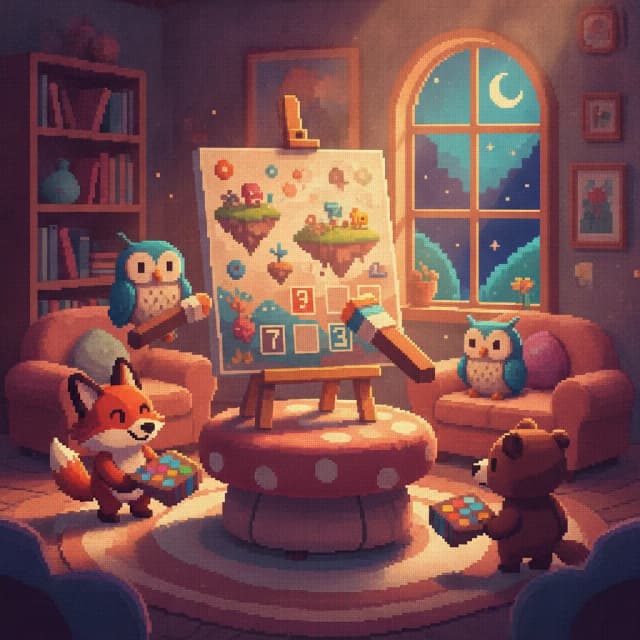 Pixel art of woodland animals coloring a numbered canvas together in a cozy living room at night