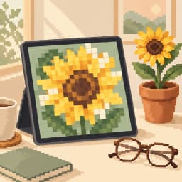 Editorial pixel illustration of a tablet with a flower picture beside reading glasses