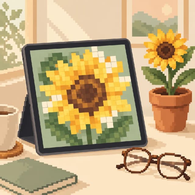 Editorial pixel illustration of a tablet with a flower picture beside reading glasses