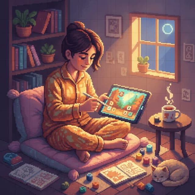 Pixel art of a woman in pajamas coloring a picture on a tablet by lamplight, with tea steaming on a side table and a cat asleep on the rug