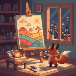 Pixel art of a fox painting a numbered color-by-number landscape on an easel in a cozy studio at night, beside a box labeled Color by Pixel with a camera icon