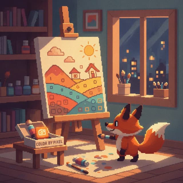Pixel art of a fox painting a numbered color-by-number landscape on an easel in a cozy studio at night, beside a box labeled Color by Pixel with a camera icon