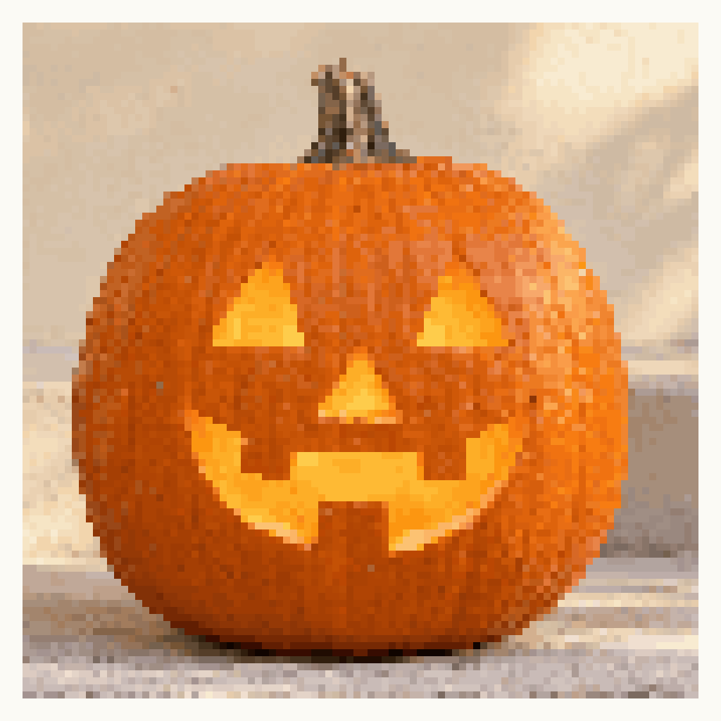 A smiling orange jack-o-lantern on a pale stone step, shown as a 96×96 pixel coloring picture