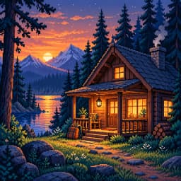 Pixel art of a warmly lit woodland cabin beside a lake at dusk, with a travel bag on the porch.