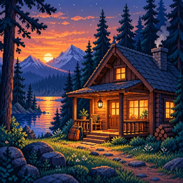 Pixel art of a warmly lit woodland cabin beside a lake at dusk, with a travel bag on the porch.
