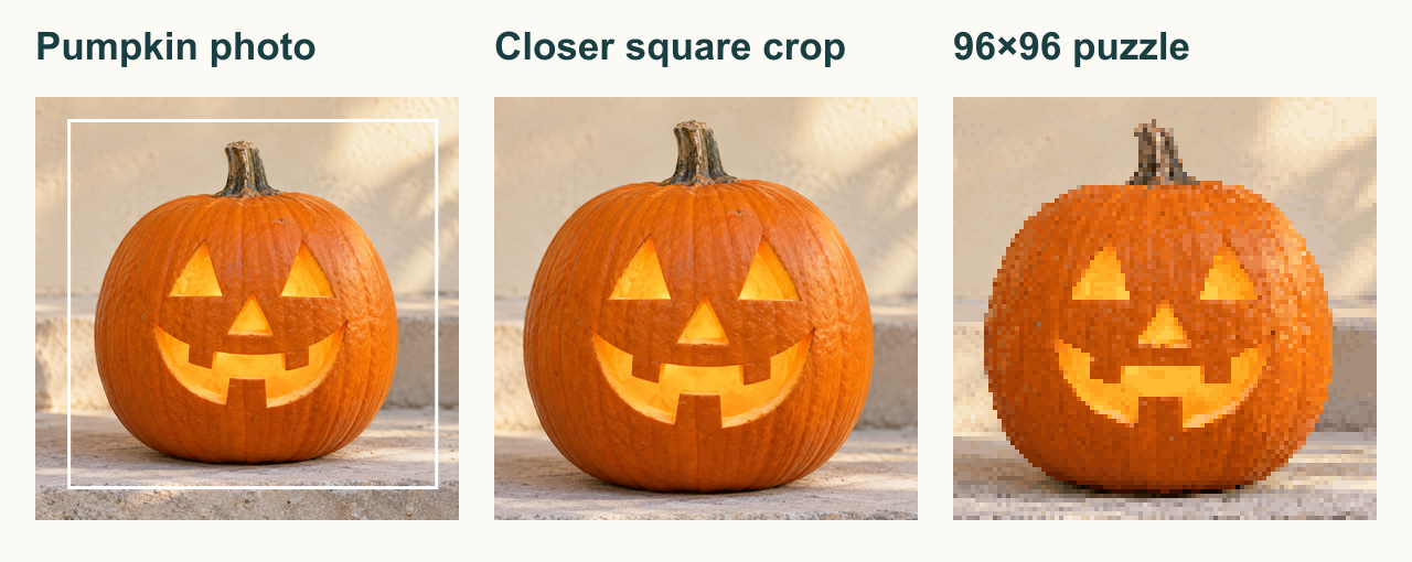 An orange jack-o-lantern photo, its closer square crop and the resulting 96×96 pixel puzzle